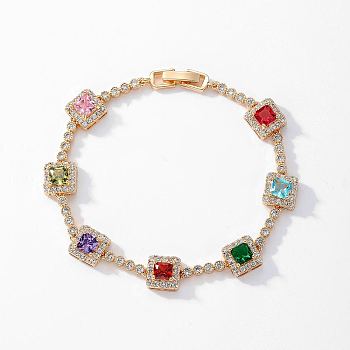 Colorful Cubic Zirconia Tennis Bracelets for Women, Brass Square Link Chain Bracelet, Golden, Inner Diameter: 7-1/2 inch(19cm)