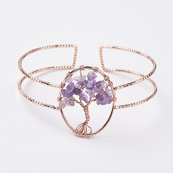 Natural Amethyst Chip Bead Cuff Bangles, with Rose Gold Tone Brass Findings, (2 inchx2-1/4 inch~2-3/8 inch)50x58~62mm