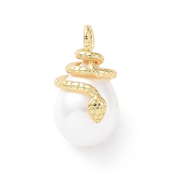 Shell Pearl Pendants, with Brass Findings, Cadmium Free & Lead Free, Long-Lasting Plated, Teardrop with Snake Charm, Real 18K Gold Plated, 25x14x16mm, Hole: 4x3mm