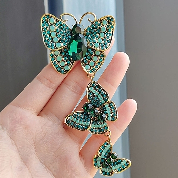 Rhinestone Triple Butterfly Brooch Pins, Gold Plated Alloy Badge for Corsages Scarf Clothes, Blue Shade, 110x50mm