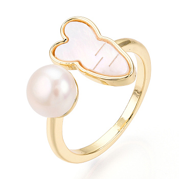 Natural Pearl Open Cuff  Ring with Msilver-Lipped Pearl Oyster, Brass Finger Rings, Carrot, Real 18K Gold Plated, US Size 5 3/4(16.3mm)