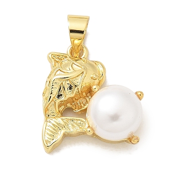 Rack Plating Brass Pendants, with ABS Imitation Pearl, Long-Lasting Plated, Lead Free & Cadmium Free, Real 18K Gold Plated, Fish, 16.5x14.5x7.5mm, Hole: 5x3.5mm