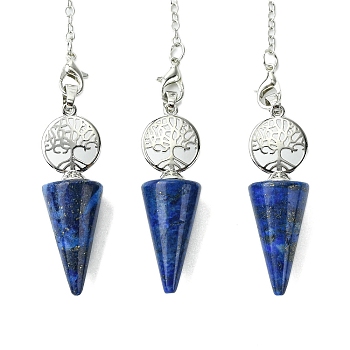 Natural Lapis Lazuli Cone Dowsing Pendulum Big Pendants, with Tree of Life Rack Plating Platinum Plated Brass Findings, Cadmium Free & Lead Free, 220~240mm, Hole: 1.5~2mm