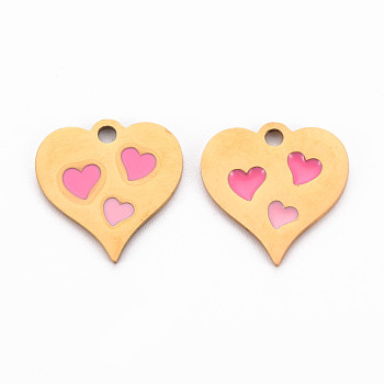 304 Stainless Steel Enamel Charms, Golden, Heart, Hot Pink, 15x15x1mm, Hole: 1.8mm