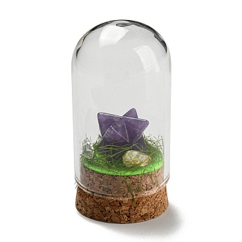 Natural Amethyst Polygon Display Decoration with Glass Dome Cloche Cover, Cork Base Bell Jar Ornaments for Home Decoration, 30x60mm