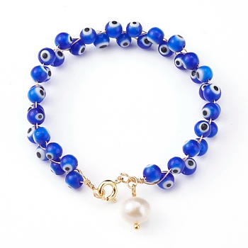 Natural Pearl Charm Bracelets, with Handmade Evil Eye Lampwork Beads and Cardboard Box, Round, Golden, Blue, 7-1/2 inch(19cm)