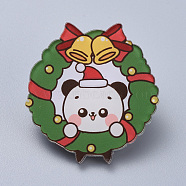 Acrylic Safety Brooches, with Iron Pin, For Christmas, Christmas Wreath with Bear, Green, 39x34x8mm, Pin:0.8mm(JEWB-D006-A07)