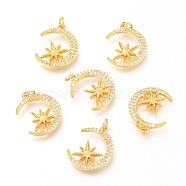 Brass Micro Pave Clear Cubic Zirconia Pendants, with Jump Rings, Moon with Star, Real 18K Gold Plated, 17x13.8x2.5mm, Hole: 2.6mm(ZIRC-O036-11G)