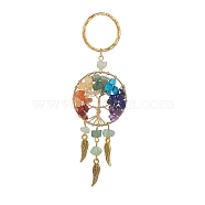 Natural Green Aventurine Keychain, with Iron Split Key Rings, Alloy Wing Charms and Mixed Gemstone Tree of Life Linking Rings, 11.2cm(KEYC-JKC00435-03)