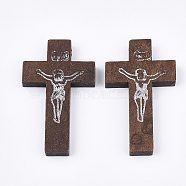 Printed Wooden Pendants, Crucifix Cross, For Easter, Dyed, Coconut Brown, 41.5~42.5x23.5~24.5x4.5mm, Hole: 2mm(X-WOOD-S050-35B-04)