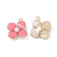 Alloy Enamel Charms, with Plastic Imitation Pearl, Golden, Flower Charm, Hot Pink, 19x17.5x4.5mm, Hole: 1.4mm(ENAM-A141-01G-04)