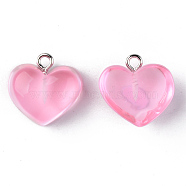 Transparent Resin Pendants, with Platinum Tone Iron Loop, Heart, Pink, 16.5x17x9.5mm, Hole: 1.8mm(X-RESI-R429-30C)