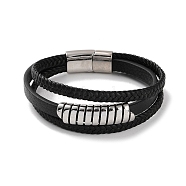 Men's Braided Black PU Leather Cord Multi-Strand Bracelets, 304 Stainless Steel Link Bracelets with Magnetic Clasps, Stainless Steel Color, 8-5/8 inch(22cm)(BJEW-K243-03P)