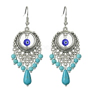 Resin Evil Eye & Synthetic Turquoise Beaded Long Drop Earrings, Tibetan Style Alloy Chandelier Earrings with Brass Pins, 64x24.5mm(EJEW-JE05389-03)