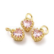 Brass Micro Pave Mixed Color Cubic Zirconia Pendants, Real 18K Gold Plated, Long-Lasting Plated, Heart, Pearl Pink, 9.3x7.4x5.5mm, Hole: 3mm(ZIRC-D120-02G-01)