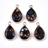 Teardrop Assembled Synthetic Bronzite and Regalite/Imperial Jasper Pendants, with Iron Loop and Brass Edge, Light Gold, Dyed, Blue, 22~23x14x5~6mm, Hole: 2mm(G-N330-022-D01)