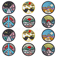 12Pcs 6 Style Mountain Theme Flat Round Patches, Computerized Embroidery Cloth Iron on Patches, Costume Accessories, Mixed Patterns, 61x1.8mm, 2pcs/style(PATC-HY0001-21)