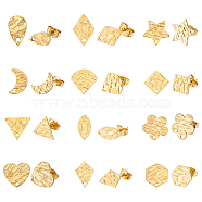 Elite 24Pcs 12 Style 304 Stainless Steel Stud Earring Findings, with Hole, Textured Mixed Shape, Golden, 10~12x6~12mm, Hole: 1mm, Pin: 0.7~0.8mm, 2pcs/style(STAS-PH0004-55)
