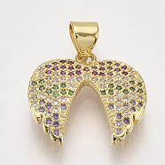 Brass Micro Pave Cubic Zirconia Pendants, Wing, Colorful, Golden, 16x18x2mm, Hole: 4x3mm(ZIRC-T006-66G)