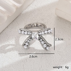 Elegant Brass Clear Cubic Zirconia Bowknot Ring, with Plastic Imitation Pearls for Women, Platinum, US Size 9(18.9mm)(LY5283-8)