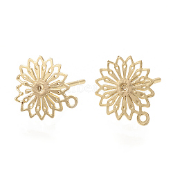 Brass Stud Earring Findings, with Loop, Flower, Nickel Free, Real 18K Gold Plated, 11.5x10mm, Hole: 1mm, pin: 0.7mm(X-KK-S345-256A)