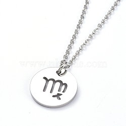 304 Stainless Steel Pendant Necklaces, with Cable Chains and Lobster Claw Clasps, Flat Round with Twelve Constellations, Stainless Steel Color, Virgo, 17.7 inch(45cm), 2mm(NJEW-E147-12P)