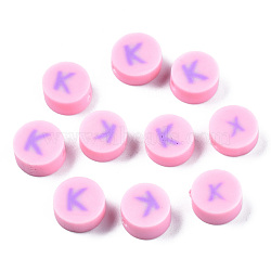 Handmade Polymer Clay Beads, Flat Round with Alphabet, Pink, Letter.K, 9x3.5~5mm, Hole: 1.6mm(CLAY-N011-031K)