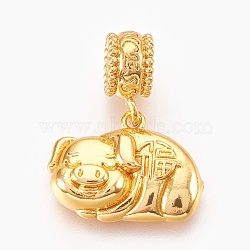 Brass European Dangle Charms, Lucky Piggy with Chinese Character Fu, Golden, 25mm, Hole: 4mm(ZIRC-F089-10G)