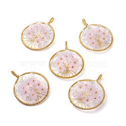 Natural Quartz Crystal Pendants, with Golden Tone Brass Findings and Flower Acrylic Beads, Flat Round, 62~66x50~52x10~15mm, Hole: 4mm(G-G807-E01)