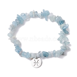 Natural Aquamarine Stretch Bracelets, with 304 Stainless Steel Pendants, Flat Round with Pisces Sign, Inner Diameter: 1-7/8~2 inch(4.9~5.2cm)(BJEW-JB11147-12)