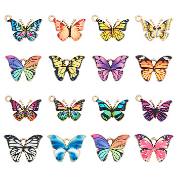 64Pcs 16 Styles Light Gold Alloy Enamel Pendants, Cadmium Free & Nickel Free & Lead Free, Butterfly Charm, Mixed Color, 15~15.6x21.5~21.7x1.5~1.6mm, Hole: 2x3mm, 4pcs/style