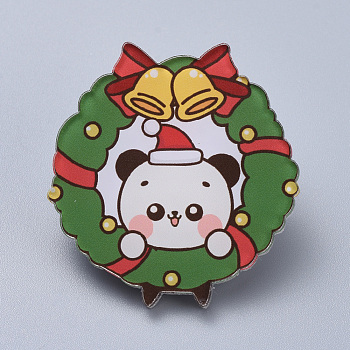 Acrylic Safety Brooches, with Iron Pin, For Christmas, Christmas Wreath with Bear, Green, 39x34x8mm, Pin:0.8mm