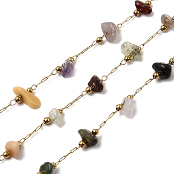 Handmade 304 Stainless Steel Chains with Gemstone Chip Beads, Soldered, Ion Plating(IP), Real 18K Gold Plated, 4~9x3~5mm