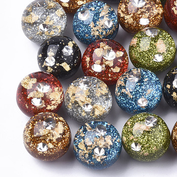 Resin Beads, with Rhinestone & Glitter Powder & Gold Foil, Half Drilled, Round, Mixed Color, 20mm, Half Hole: 1.2mm