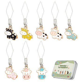 16Pcs 8 Style 304 Stainless Steel Threaders, with Alloy Enamel Pendant, Cow, Mixed Color, 49~51mm, 2pcs/style