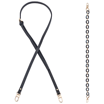 PandaHall Elite 2Pcs 2 Style Adjustable Leather & Acrylic Cable Chain Bag Handles, with Alloy Swivel Clasps and Key Rings, for Bag Replacement Accessories, Black, 61.5~100cm, 1pc/style