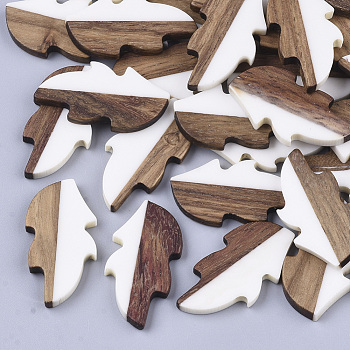 Resin & Wood Cabochons, Leaf, White, 31.5x16x3mm