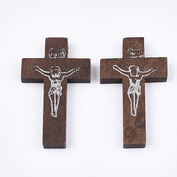 Printed Wooden Pendants, Crucifix Cross, For Easter, Dyed, Coconut Brown, 41.5~42.5x23.5~24.5x4.5mm, Hole: 2mm