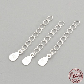 925 Sterling Silver Twisted Extender Chains, with Teardrop Charms, with 925 Stamp, Silver, 33mm