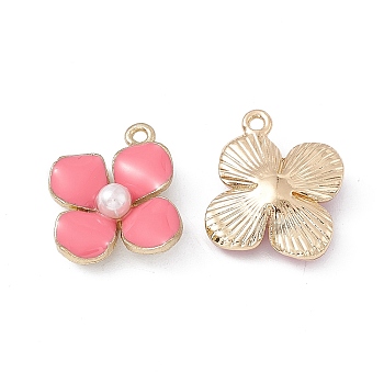 Alloy Enamel Charms, with Plastic Imitation Pearl, Golden, Flower Charm, Hot Pink, 19x17.5x4.5mm, Hole: 1.4mm