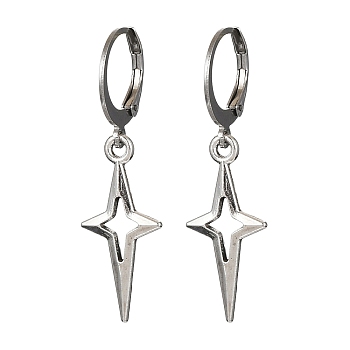 Tibetan Style Alloy Hollow Star Dangle Leverback Earrings, with 304 Stainless Steel Earring Pins, Antique Silver, 35.5x10.5mm
