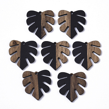 Resin & Walnut Wood Pendants, Monstera Leaf Pendant, Black, 30x28x3.5mm, Hole: 2mm