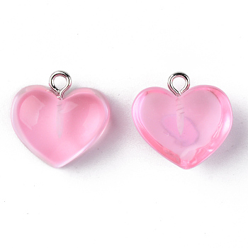Transparent Resin Pendants, with Platinum Tone Iron Loop, Heart, Pink, 16.5x17x9.5mm, Hole: 1.8mm