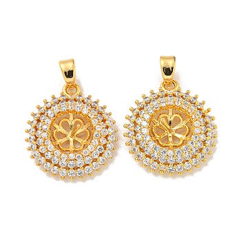 Rack Plating Brass Peg Bail Pendants Micro Pave Cubic Zirconia, Flat Round with Flower , Real 18K Gold Plated, 20.5x18x4.5mm, Hole: 5x2.5mm, pin: 0.7mm