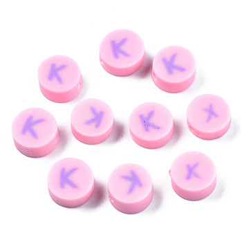 Handmade Polymer Clay Beads, Flat Round with Alphabet, Pink, Letter.K, 9x3.5~5mm, Hole: 1.6mm