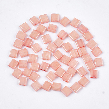 2-Hole Opaque Glass Seed Beads, Dyed, Rectangle, Light Salmon, 5x4.5~5.5x2~2.5mm, Hole: 0.5~0.8mm