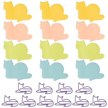 12 Books 4 Colors Lovely Lying Cat Shape Memo Notepads, with 10Pcs Cat Shape Iron Paper Clips, Mixed Color, Clips: 32x23x1mm, Notepads: 58x72x3mm