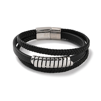 Men's Braided Black PU Leather Cord Multi-Strand Bracelets, 304 Stainless Steel Link Bracelets with Magnetic Clasps, Stainless Steel Color, 8-5/8 inch(22cm)