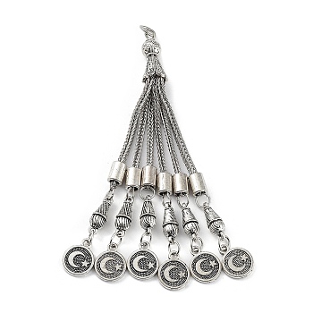 Tibetan Style Alloy Curb Chain Tassel Big Pendants, Flat Round with Moon, Antique Silver, 105x8.5mm, Hole: 5mm