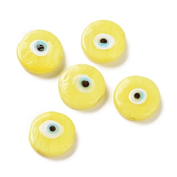 Handmade Evil Eye Lampwork Beads, Flat Round, Yellow, 17~17.5x4mm, Hole: 1.2mm